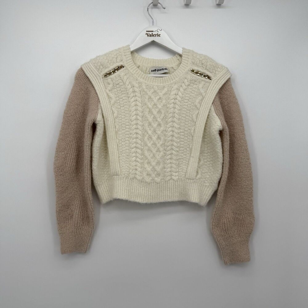 Self Portrait Contrast Color Knit Sweater Gold Chain Size Medium Preppy